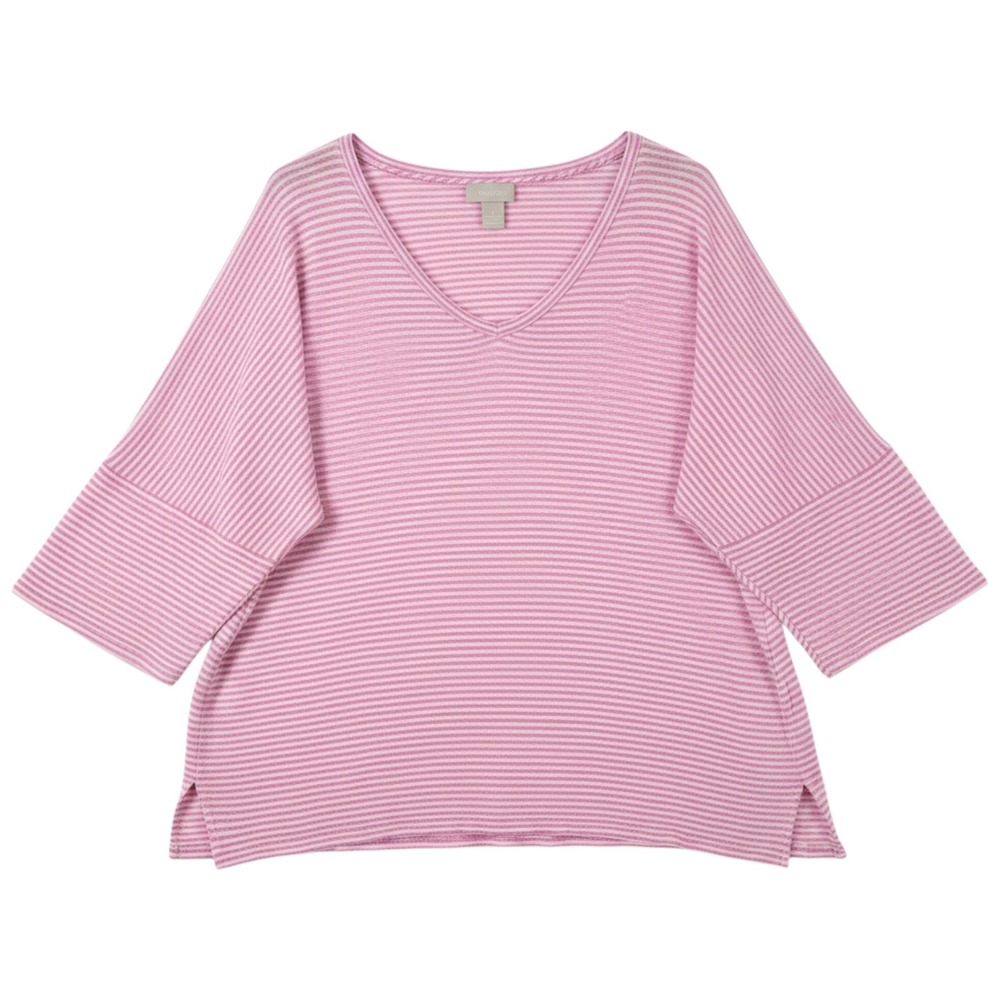 Chicos Shirt Womens 4 US XXL Pink Berry White Striped Linen Tunic 3/4 Sleeve Top